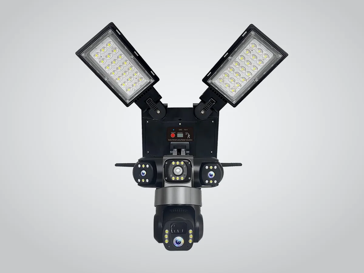 Solar street lamp with twin LED floodlights and a multi-lens camera underneath