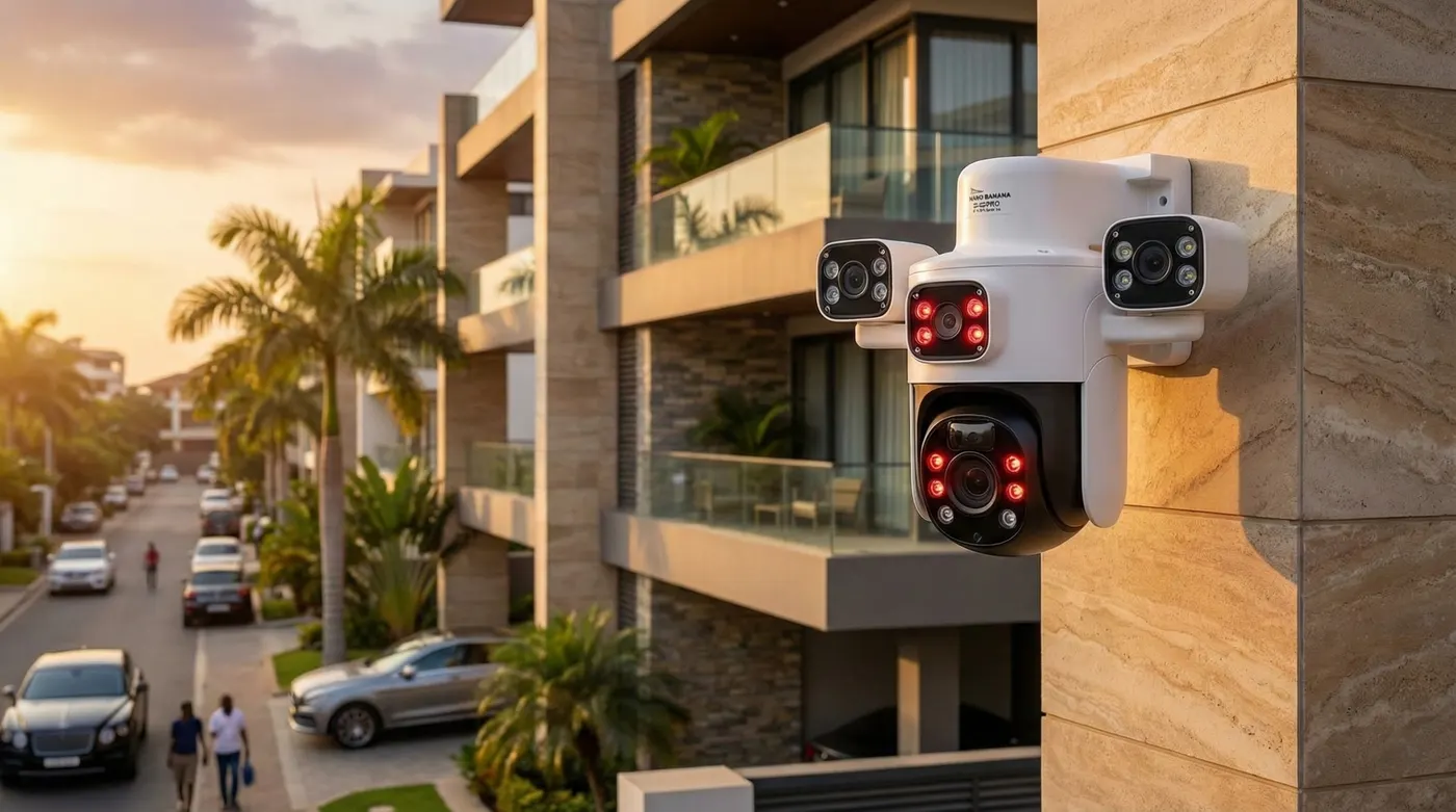 Multi-lens camera mounted on an apartment building