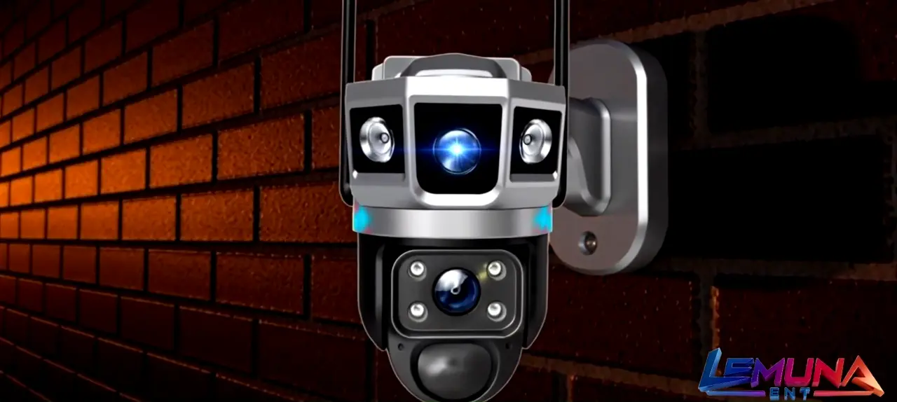 Lemuna solar-powered multi-lens security camera glowing at night