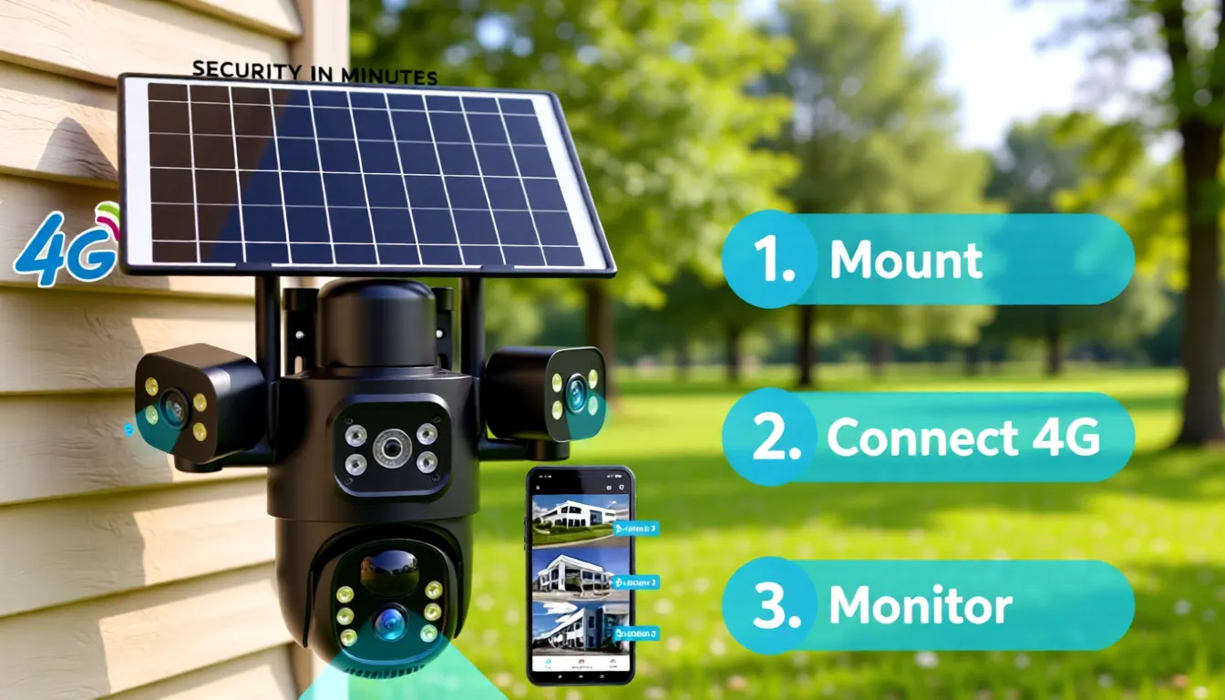 Solar 4G camera on a wall: 1. Mount, 2. Connect 4G, 3. Monitor